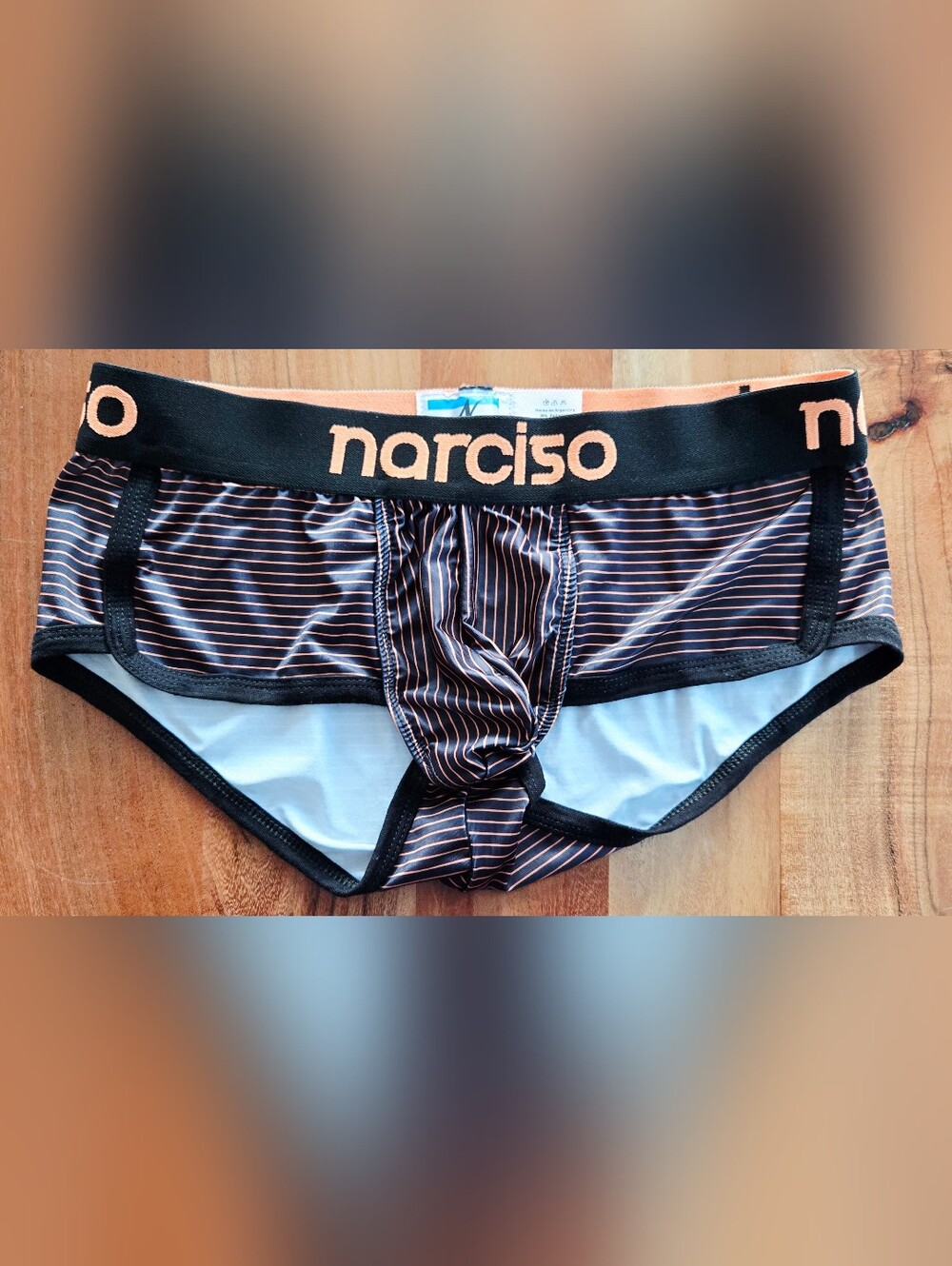 Men's Silky Black Briefs with Orange Pinstripes